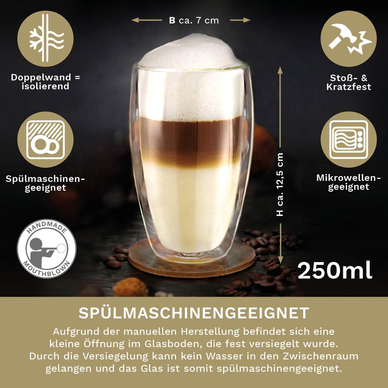 Creano doppelwandiges Thermoglas (Set: 2er, 4er, 6er) „dg-sh“ | 250ml