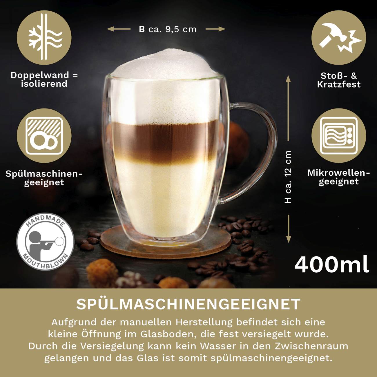 Creano doppelwandiges Thermoglas (Set: 2er, 4er, 6er)„HH“ | 400ml - Creano