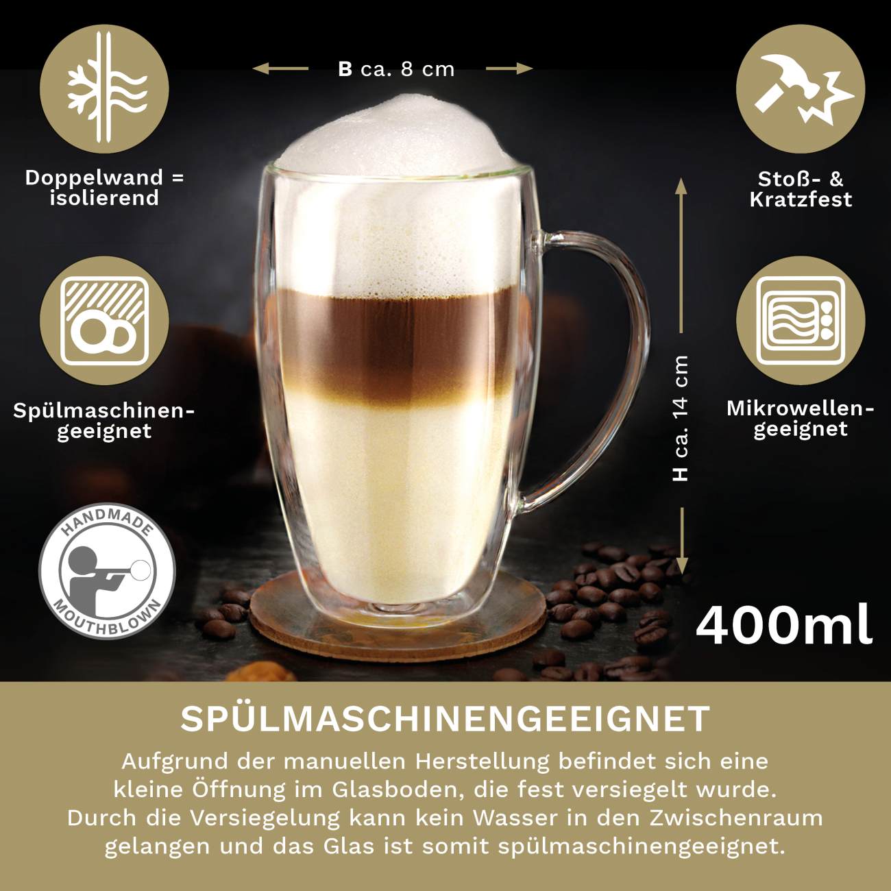 Thermogläser-Set (2er, 4er, 6er) mit Henkel „DG-SHH“ | 400 ml - Creano