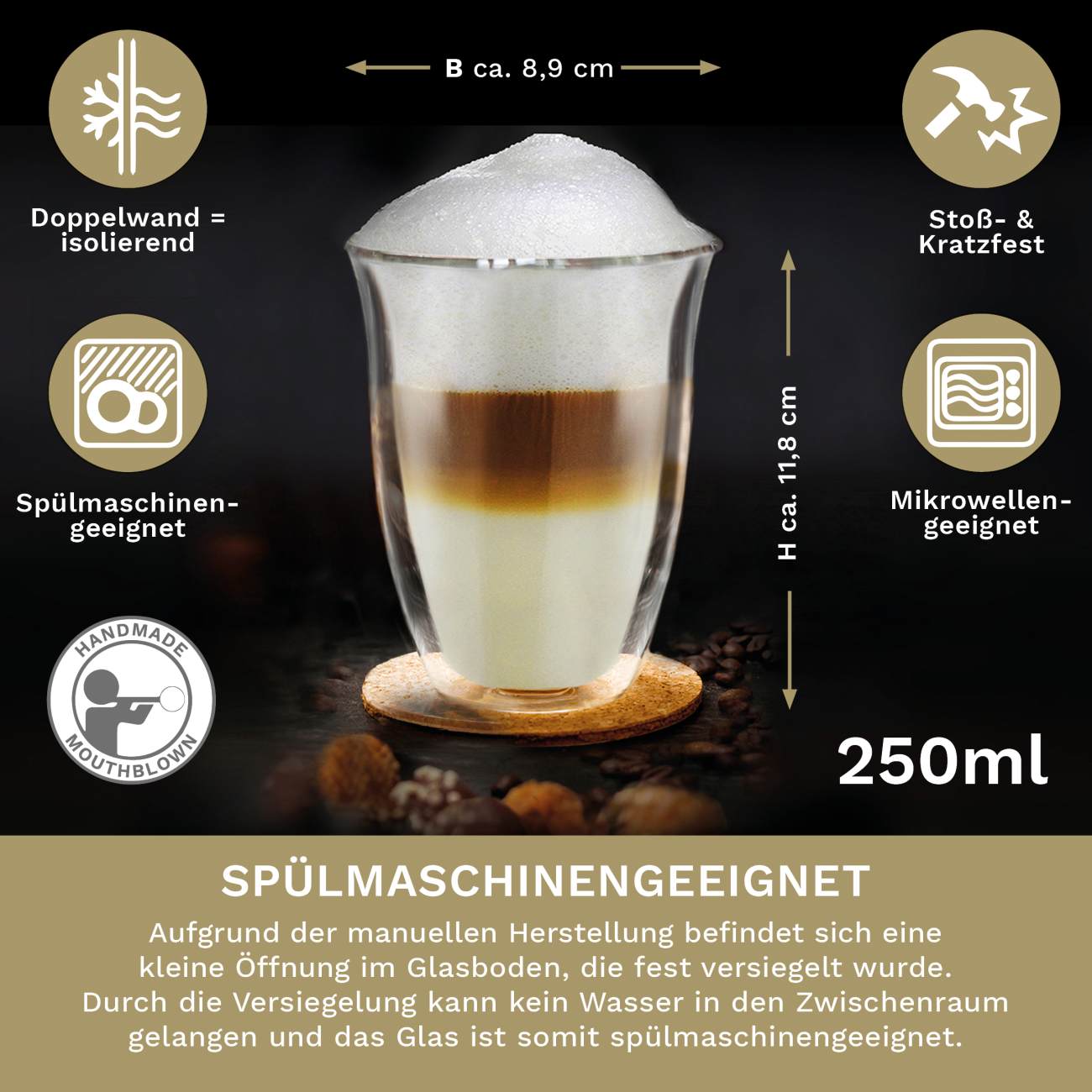 Creano doppelwandiges V-Form Thermoglas (Set: 2er, 4er, 6er) “dg-v” | 250ml