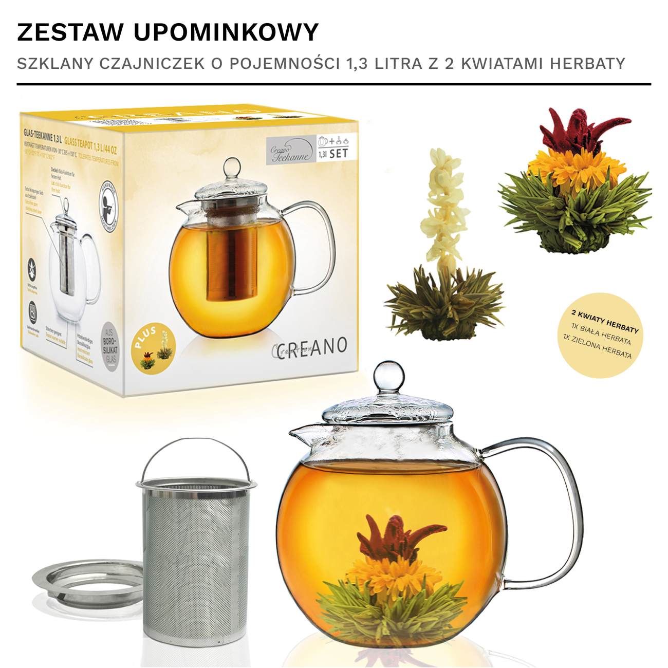 Creano Teekanne aus Glas 1,3l, 3-Teilige Glasteekanne mit zwei Teekugeln ErblühTee weißtee