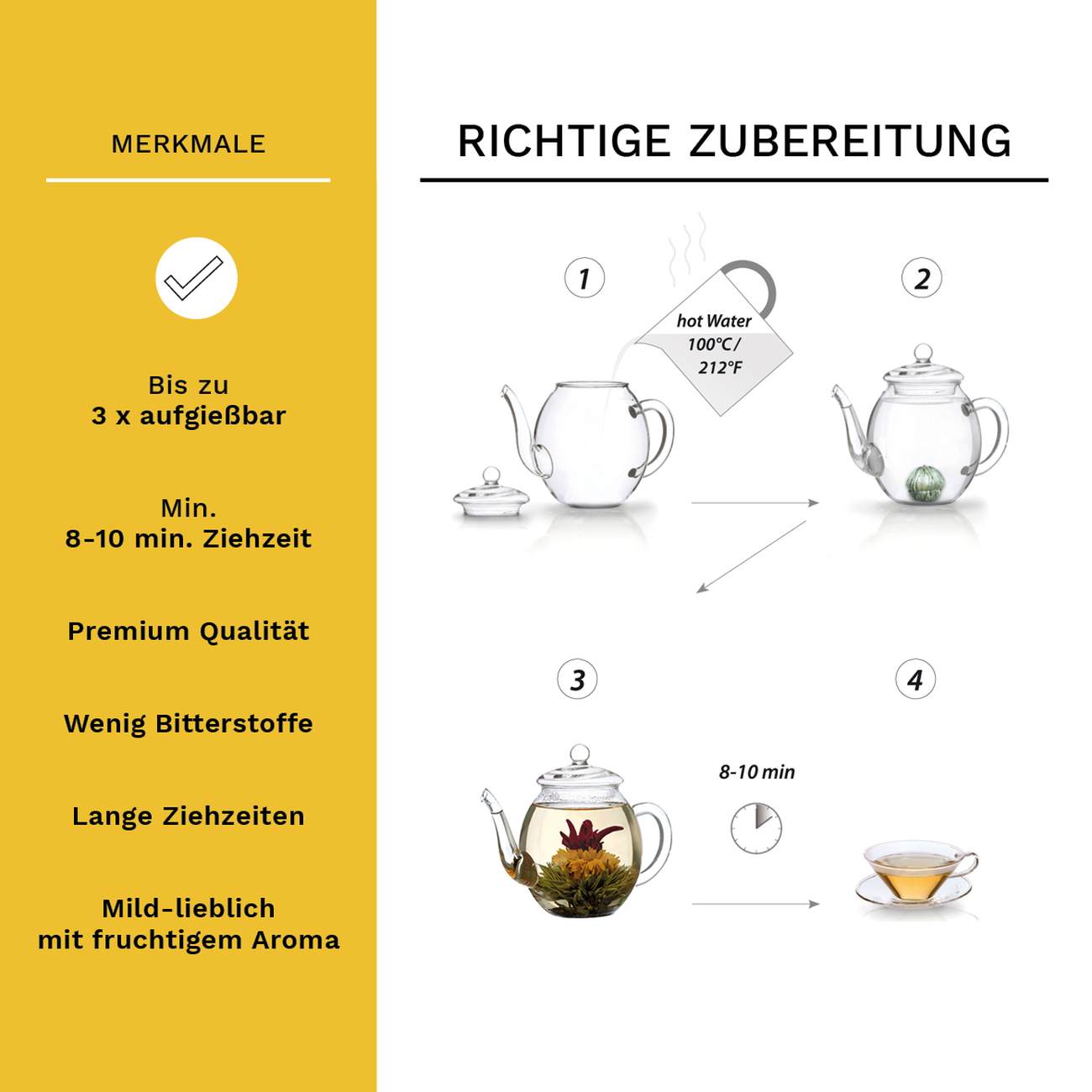 Creano Teekanne aus Glas 1,3l, 3-Teilige Glasteekanne mit zwei Teekugeln ErblühTee weißtee