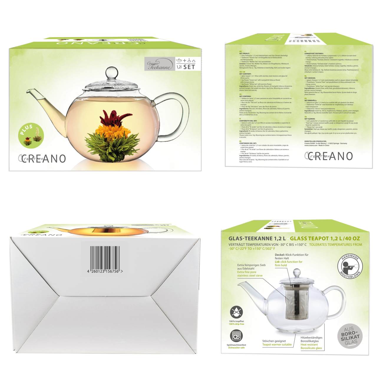 Creano Teekanne aus Glas 1,2l, 3-Teilige Glasteekanne mit zwei Teekugeln ErblühTee Weißtee und Grüntee