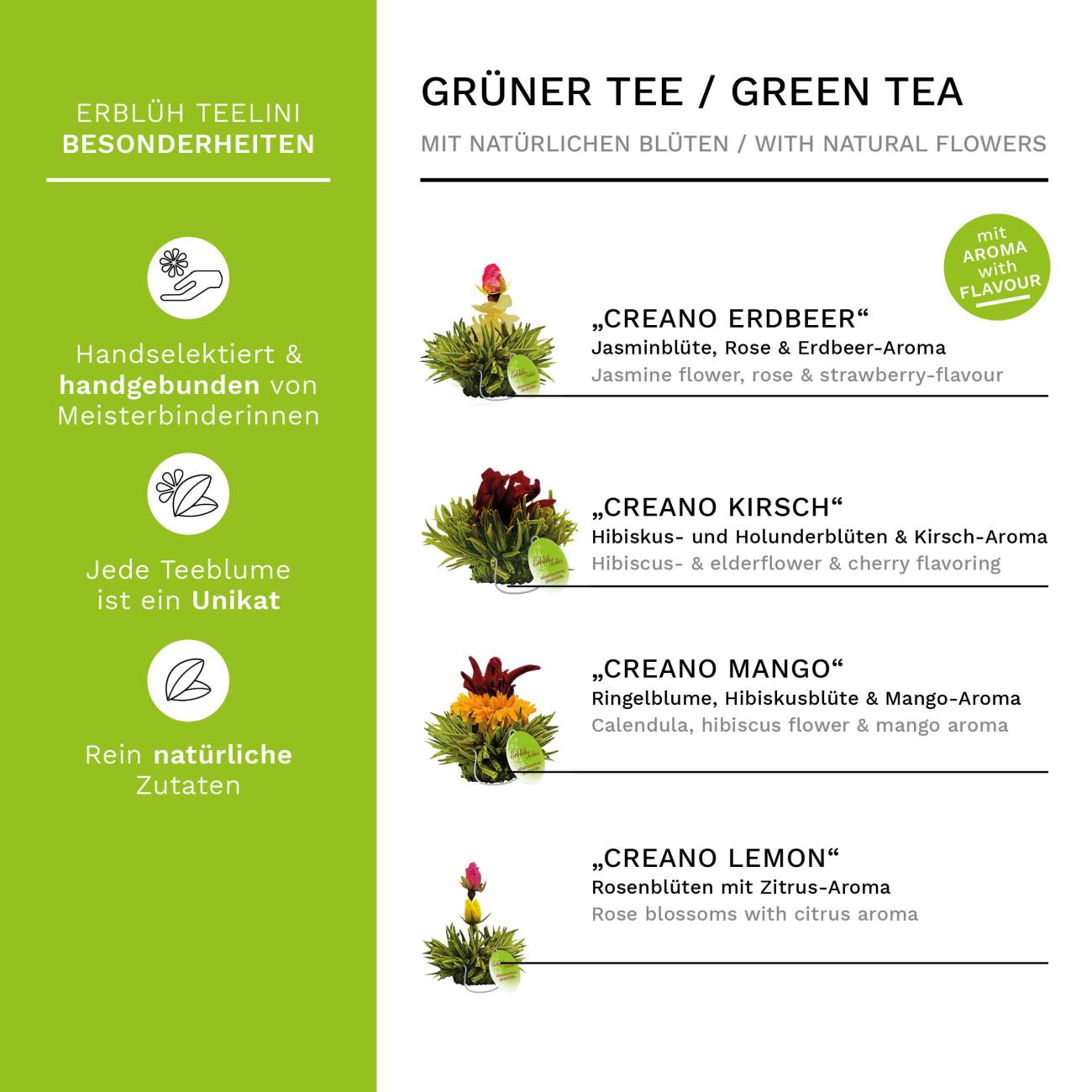 Creano ErblühTeelini Teeblumen Geschenkset mit Teeglas und 8 Teeblumen im Tassenformat, grüner Tee, Geschenk - Creano
