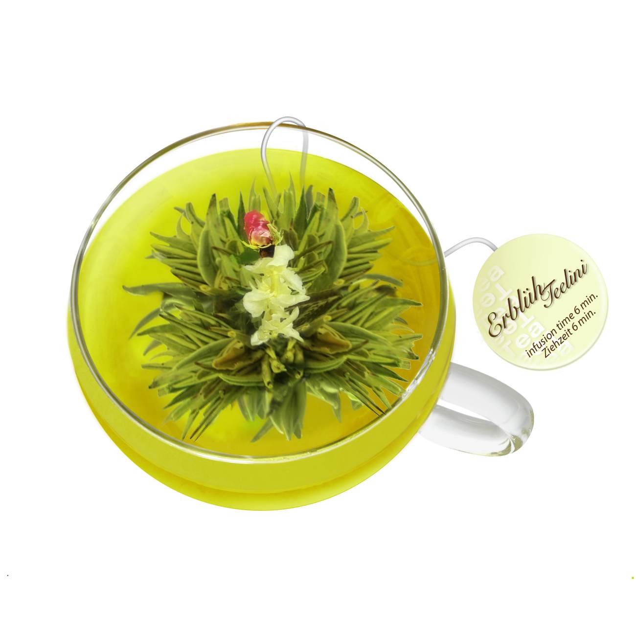 Creano ErblühTeelini Teeblumen Geschenkset mit Teeglas und 8 Teeblumen im Tassenformat, grüner Tee, Geschenk - Creano