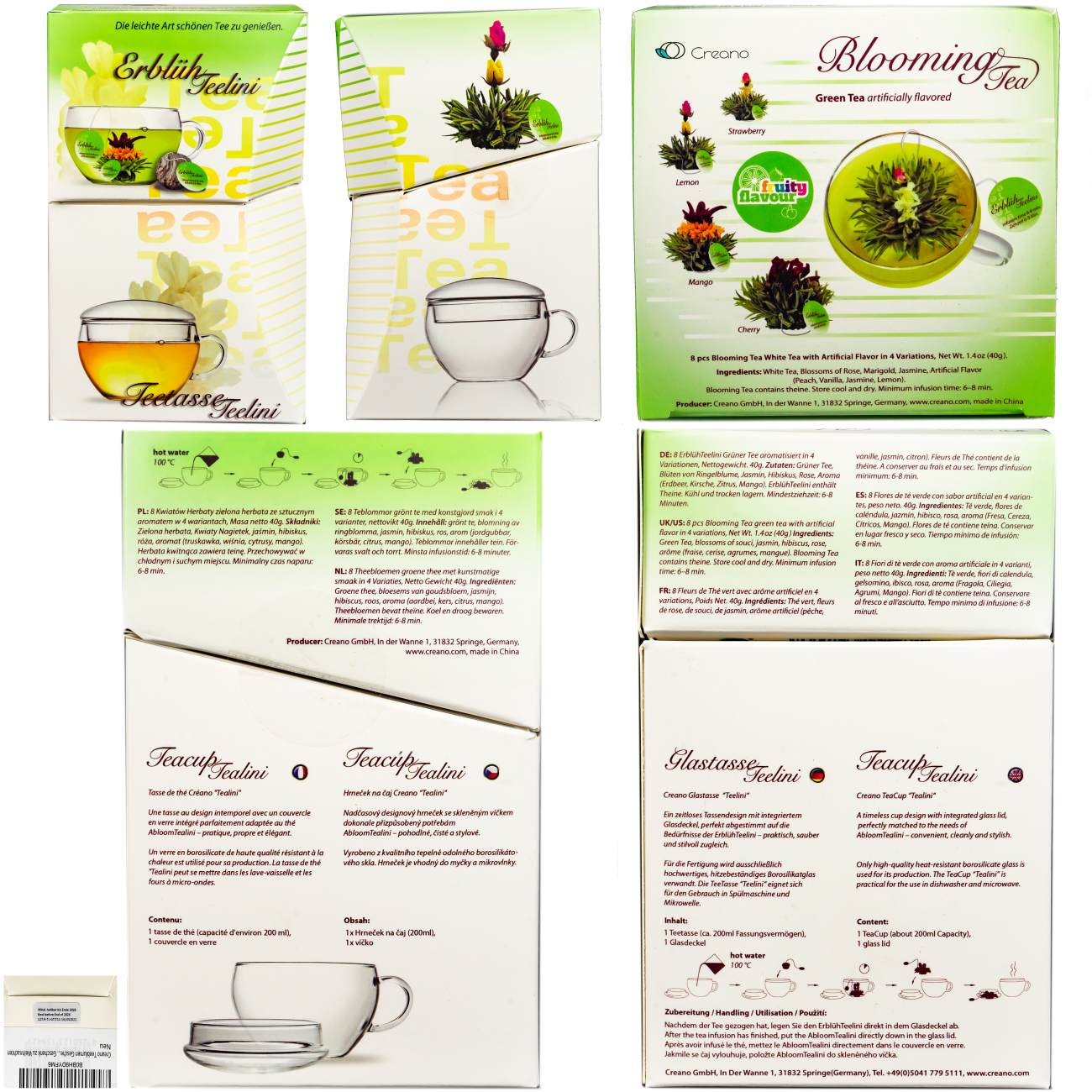 Creano ErblühTeelini Teeblumen Geschenkset mit Teeglas und 8 Teeblumen im Tassenformat, grüner Tee, Geschenk - Creano