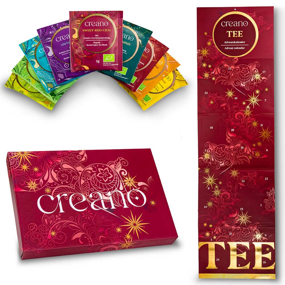 Creano Bio Tee Adventskalender - 27 Bio-Teebeutel - 54g - Kräutertee Geschenkset mit hochwertigem Golddruck