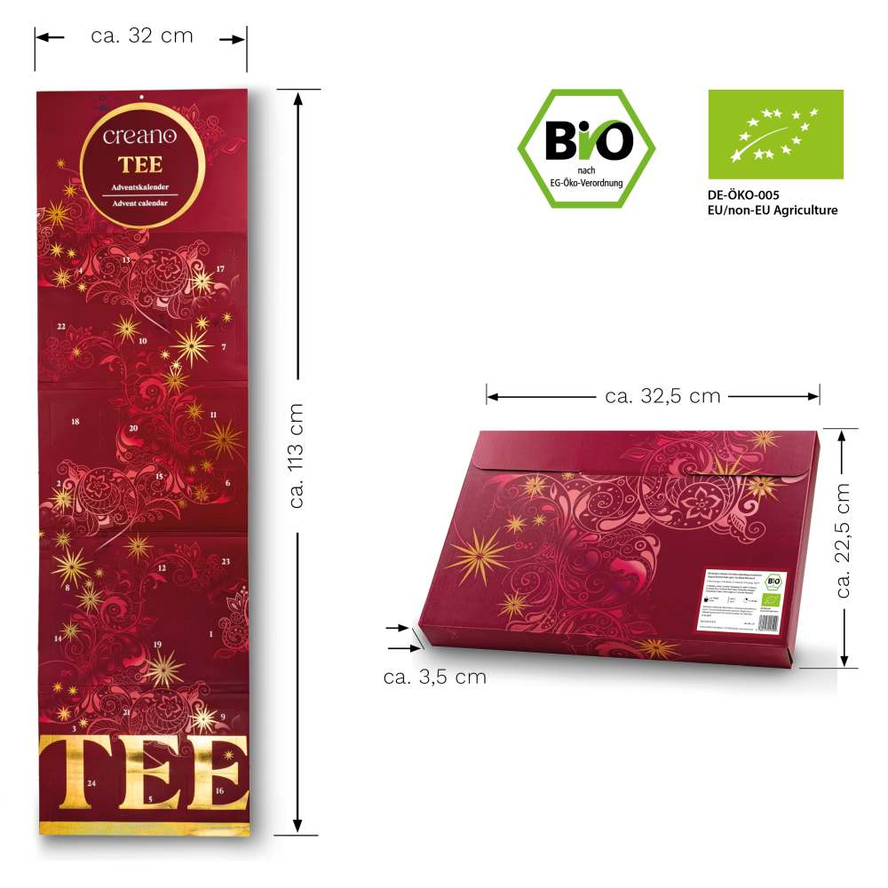 Creano Bio Tee Adventskalender - 27 Bio-Teebeutel - 54g - Kräutertee Geschenkset mit hochwertigem Golddruck - Creano