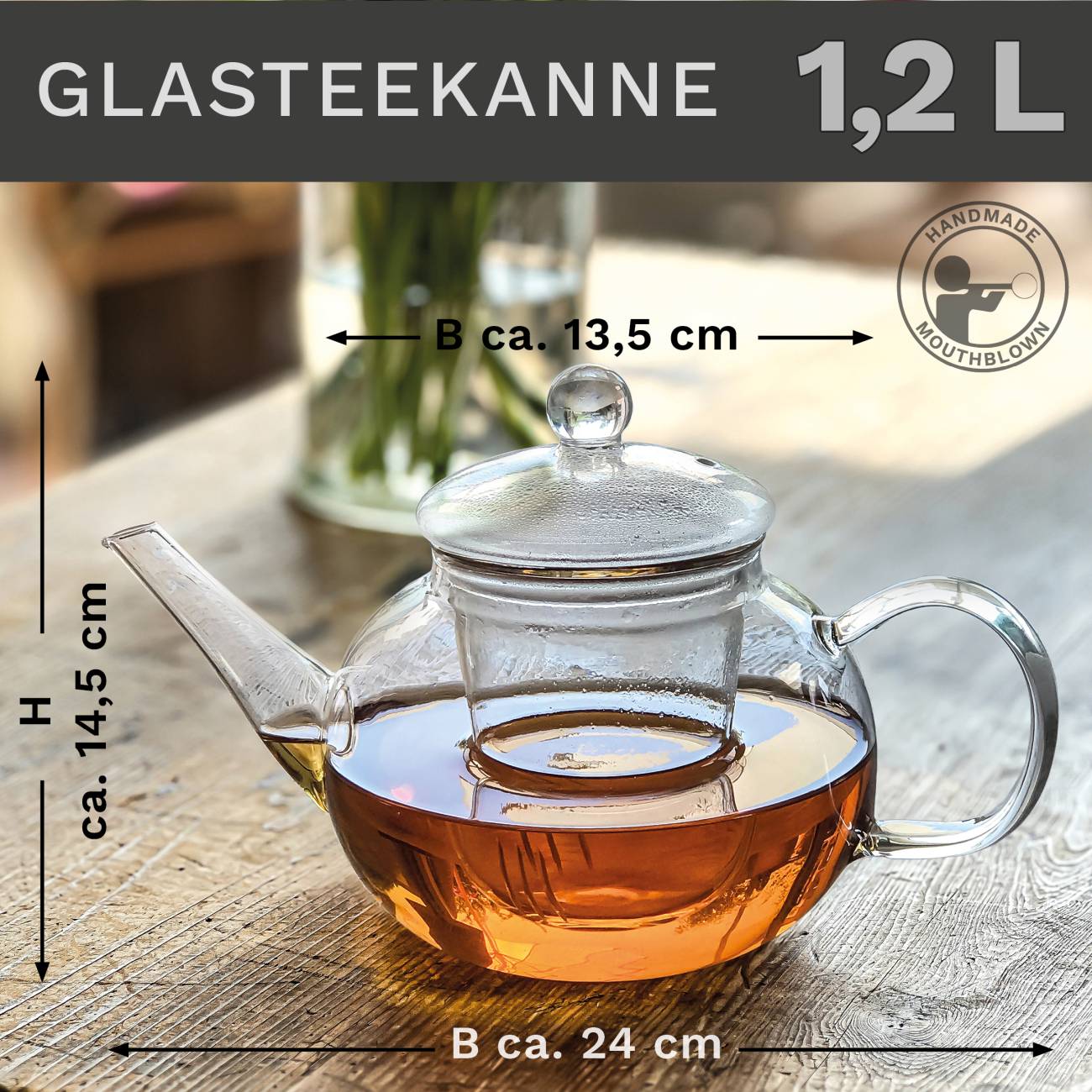 Creano Teekanne aus Glas 1,2l - Glasteekanne mit Glas-Sieb und Deckel - Ideal zur Zubereitung von losen Tees - tropffrei - Creano