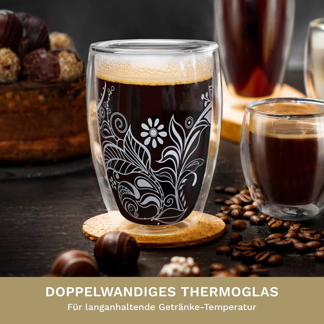 Creano doppelwandige Gläser 250ml "Flowery" White - Thermoglas mit Dekor - Creano