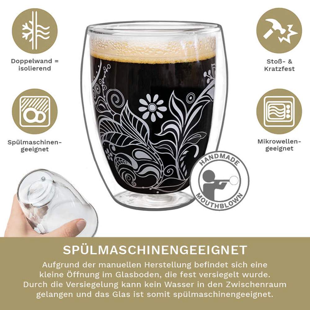 Creano doppelwandige Gläser 250ml "Flowery" White - Thermoglas mit Dekor