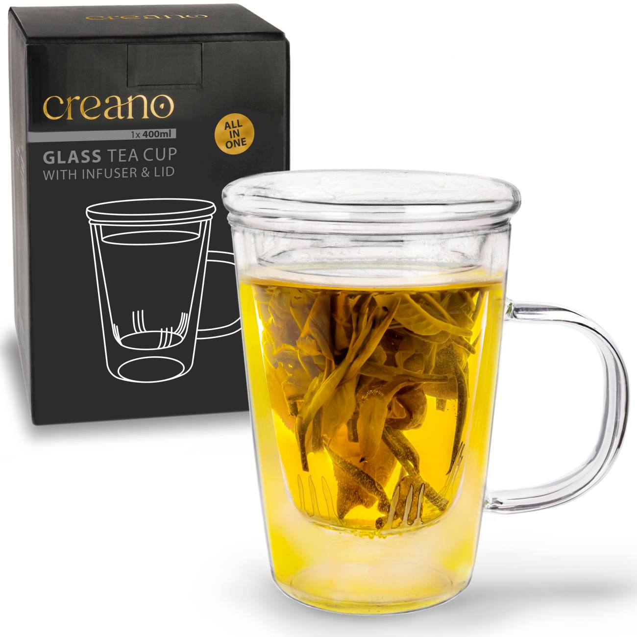 Creano Teeglas 400ml - Große Teetasse mit Sieb und Deckel aus Glas - ein idealer Teebereiter