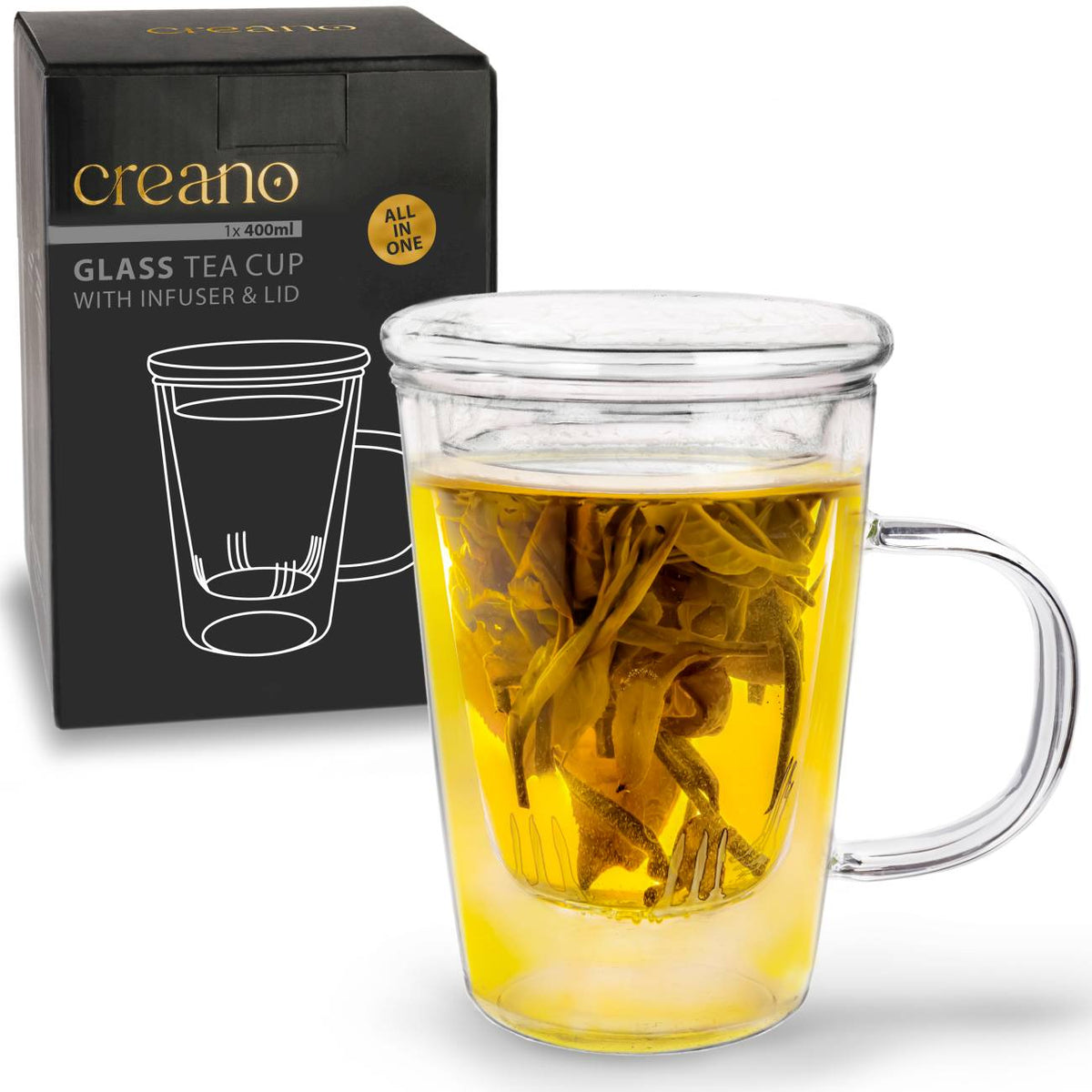 Creano Tea Glass 400ml with Infuser & Lid