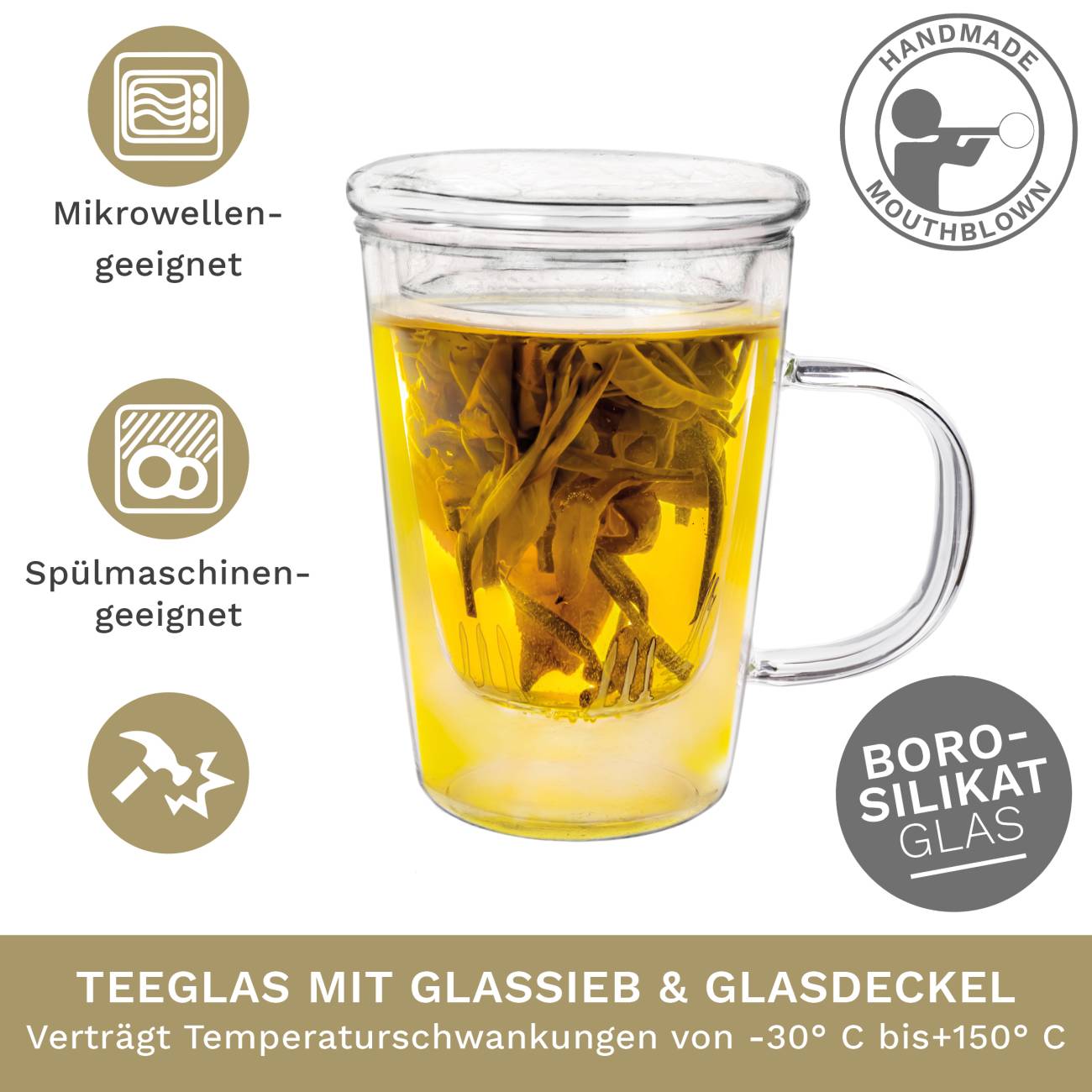 Creano Teeglas 400ml - Große Teetasse mit Sieb und Deckel aus Glas - ein idealer Teebereiter