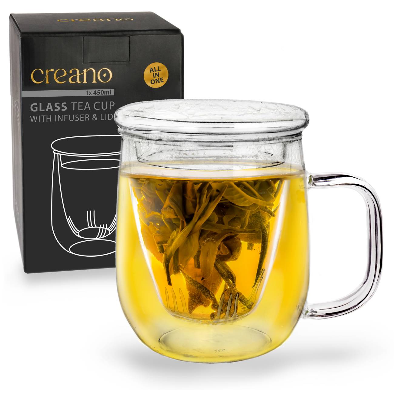 Creano Teeglas 450ml - Große Teetasse mit Sieb und Deckel aus Glas - ein idealer Teebereiter