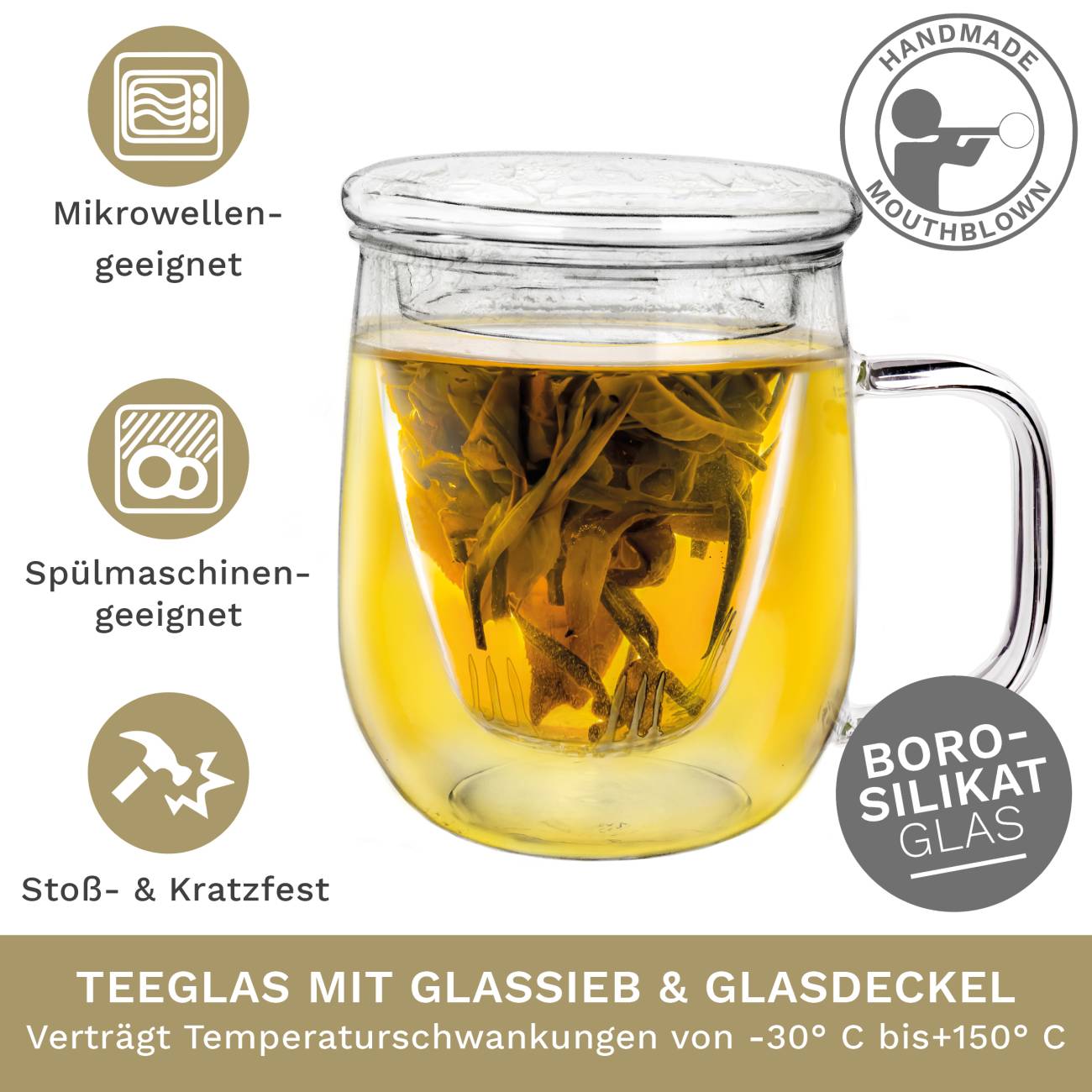Creano Teeglas 450ml - Große Teetasse mit Sieb und Deckel aus Glas - ein idealer Teebereiter