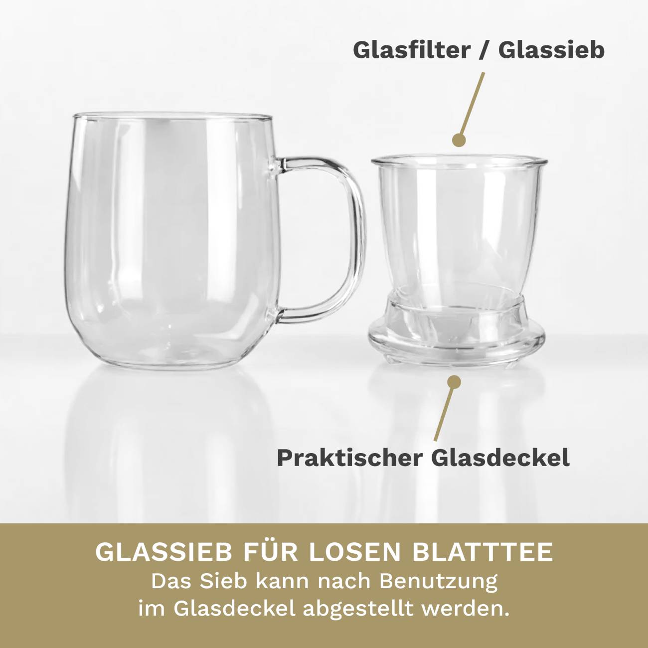 Creano Teeglas 450ml - Große Teetasse mit Sieb und Deckel aus Glas - ein idealer Teebereiter