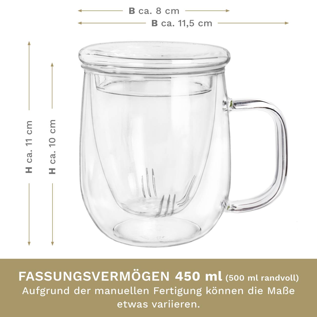 Creano Teeglas 450ml - Große Teetasse mit Sieb und Deckel aus Glas - ein idealer Teebereiter