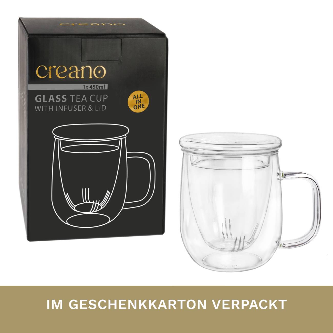 Creano Teeglas 450ml - Große Teetasse mit Sieb und Deckel aus Glas - ein idealer Teebereiter