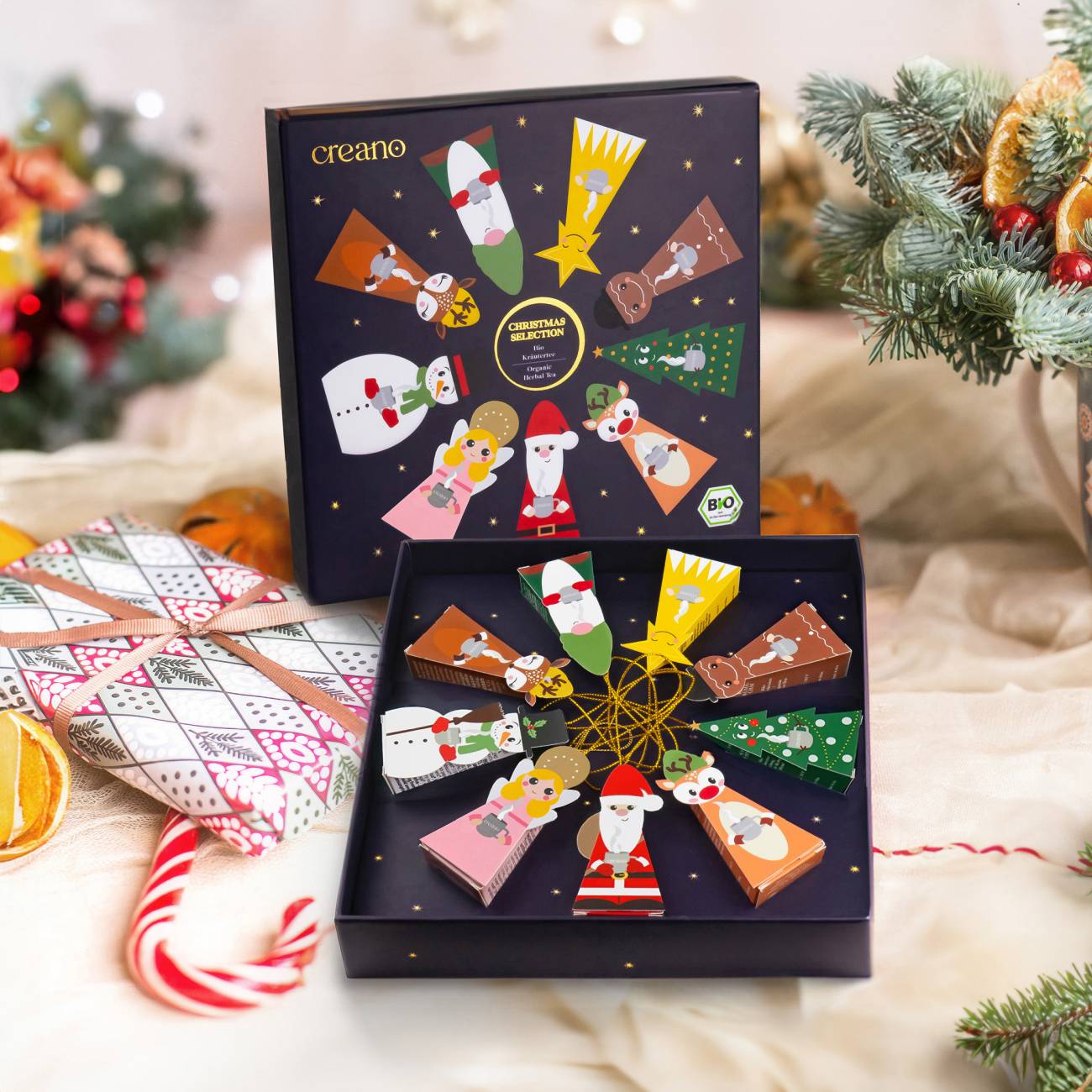 Christmas Bio Kräutertee 9er Pyramiden Geschenkset „ORGANIC HERBAL TEA“ - 9 Bio-Pyramiden-Teebeutel in 9 unterschiedlichen Sorten - 22,5g*² - Creano