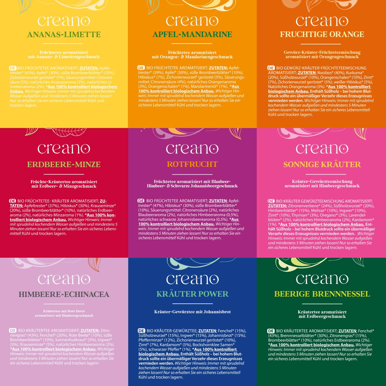Bio Früchte- Kräutertee 90er Geschenkset „ORGANIC HERBAL TEA“ - 90 Bio-Teebeutel in 9 unterschiedlichen Sorten - 180g*² - Creano