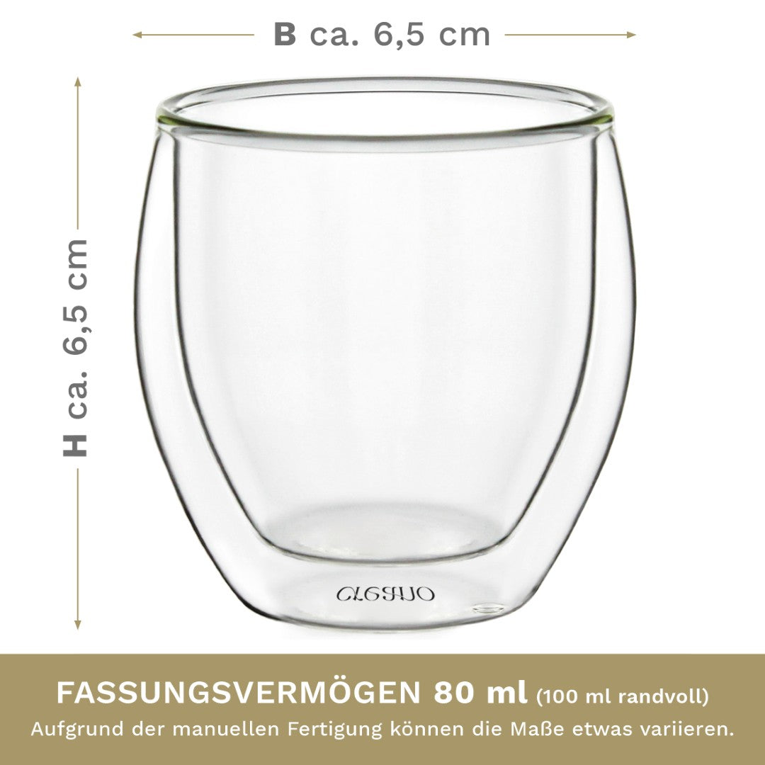 Creano doppelwandige Espresso-Gläser, 6er Set 80ml, Mokkatassen, Espressotassen, Thermo-Gläser mit Schwebe-Effekt