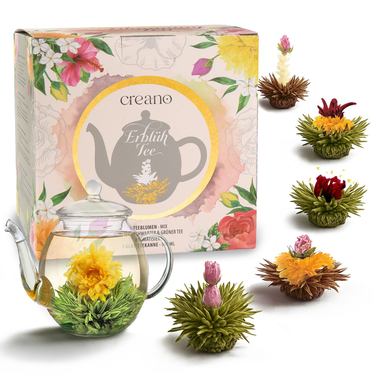 Neues Design: ErblühTee-Mix Set mit Glaskanne - Creano
