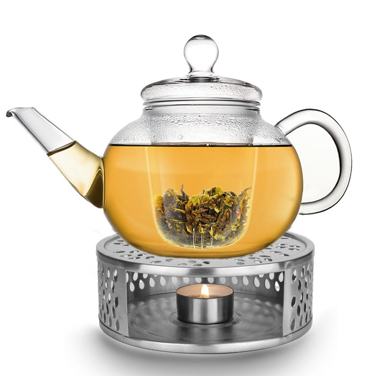 Creano Teekanne aus Glas 1,2l mit Glassieb und silver Stövchen "Leaf"