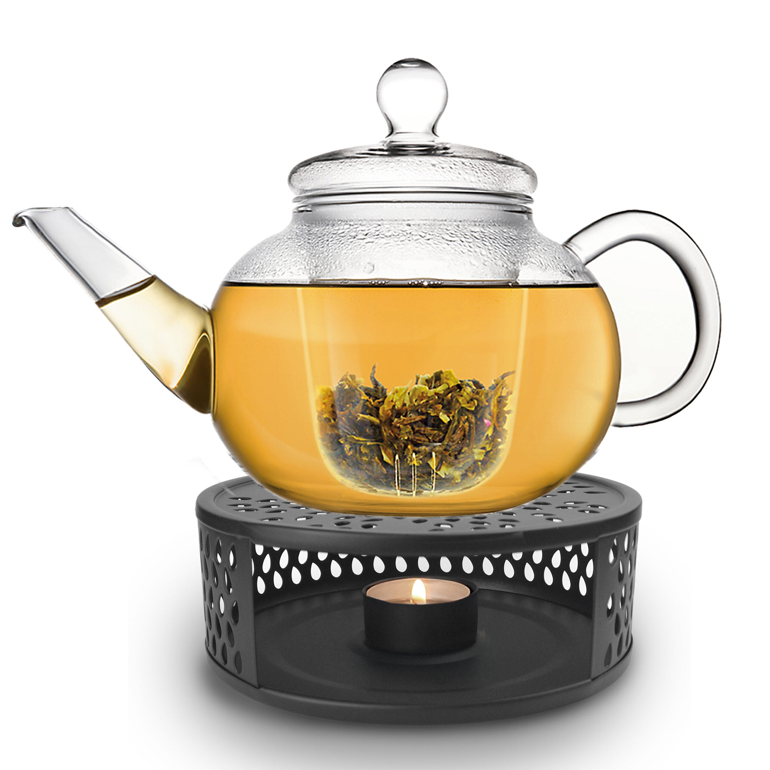 Creano Teekanne aus Glas 1,2l mit Glassieb und schwarzem Stövchen "Leaf"