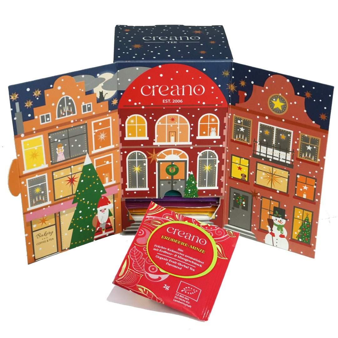 Creano Bio Tee Adventskalender "Weihnachtshaus" - 24 verschiedene BIO Tees - Kräutertee, Früchtetee, Grüner Tee, Weißer Tee, Schwarzer Tee, Chai *¹