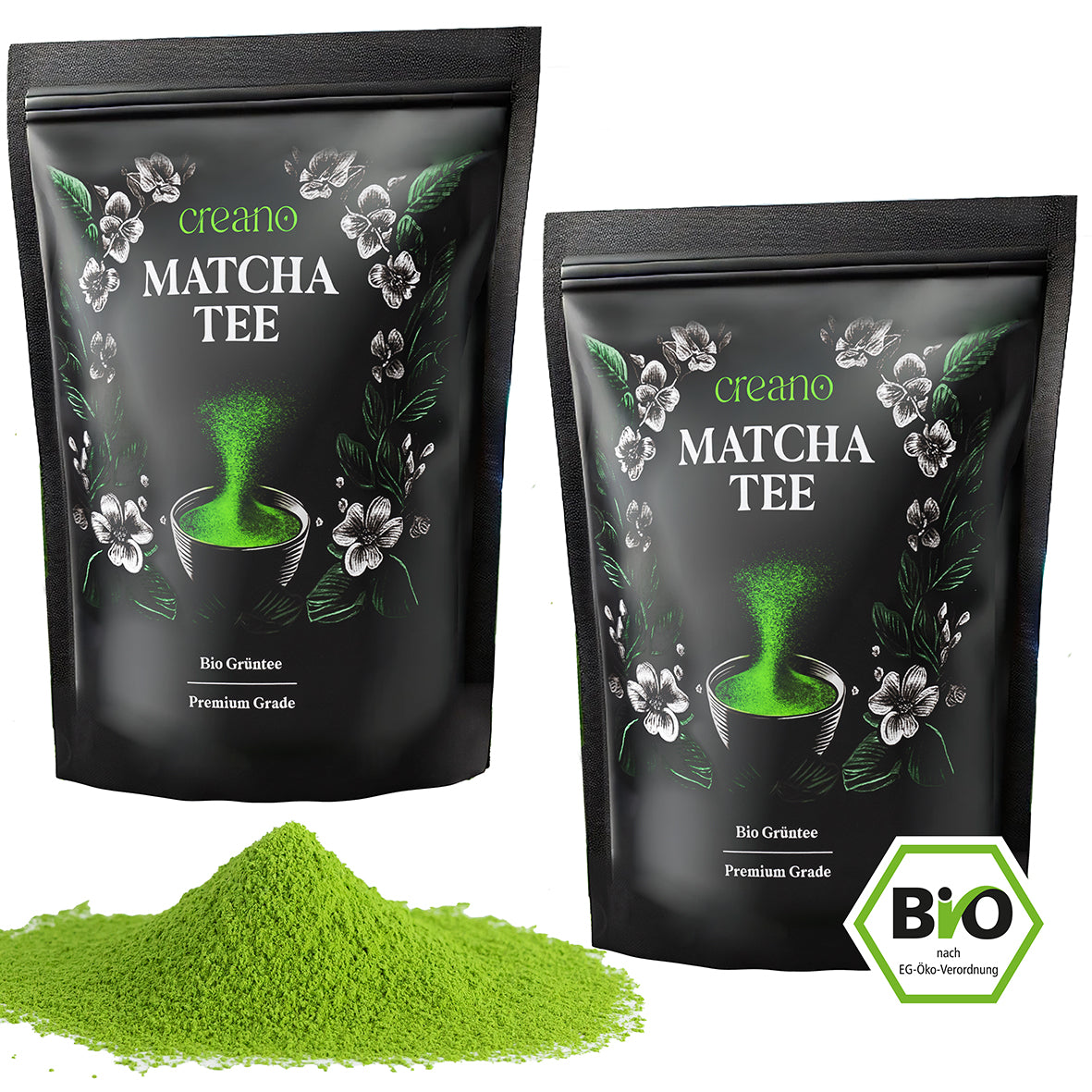 Creano Bio 2er Set Matcha Tee 100g - Premium Qualität - ideal zum trinken - Grüner Tee für Matcha Latte, Smoothies, Bubble Tea