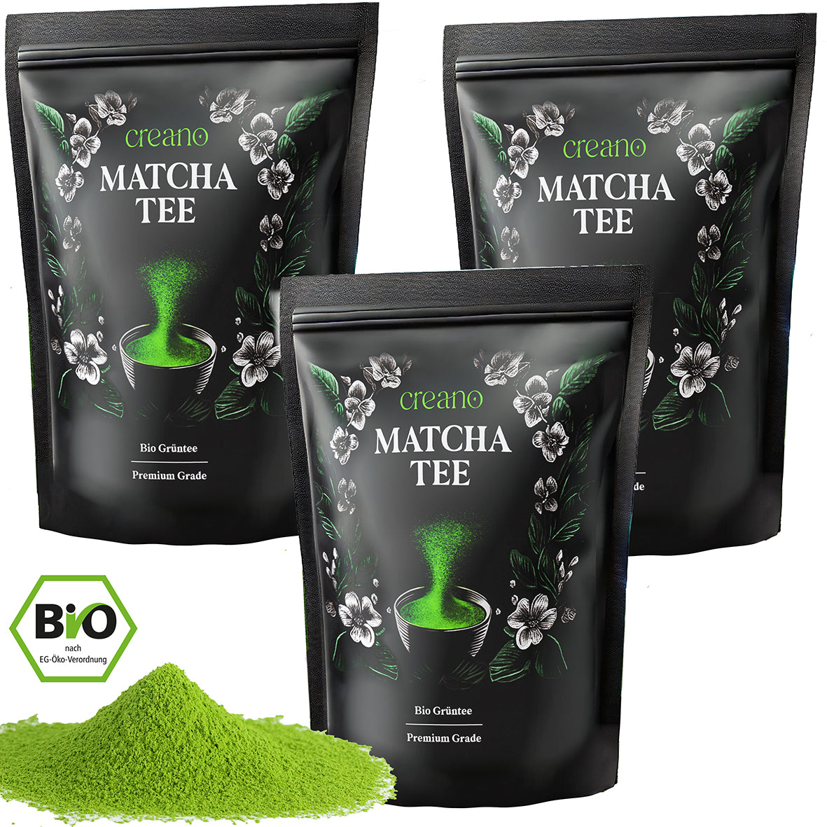 Creano Bio 3er Set Matcha Tee 100g - Premium Qualität - ideal zum trinken - Grüner Tee für Matcha Latte, Smoothies, Bubble Tea