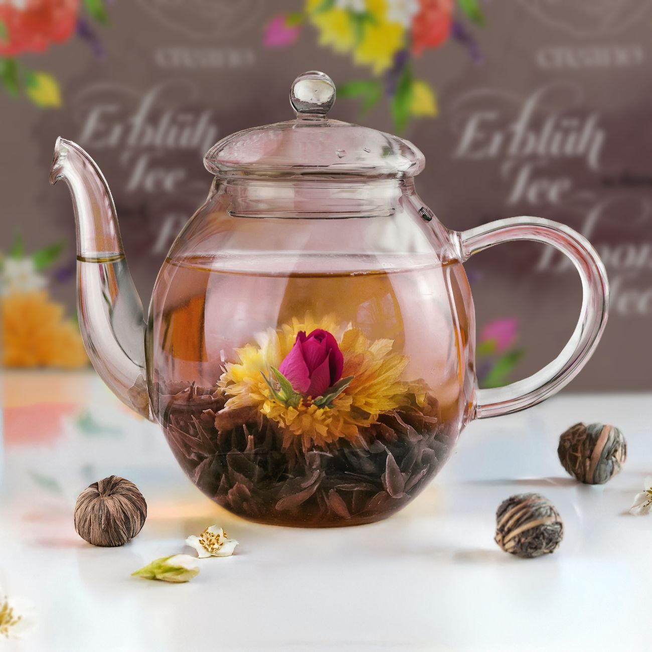 Neues Design: Schwarztee-Geschenkset mit Glaskanne und Blüten - Creano