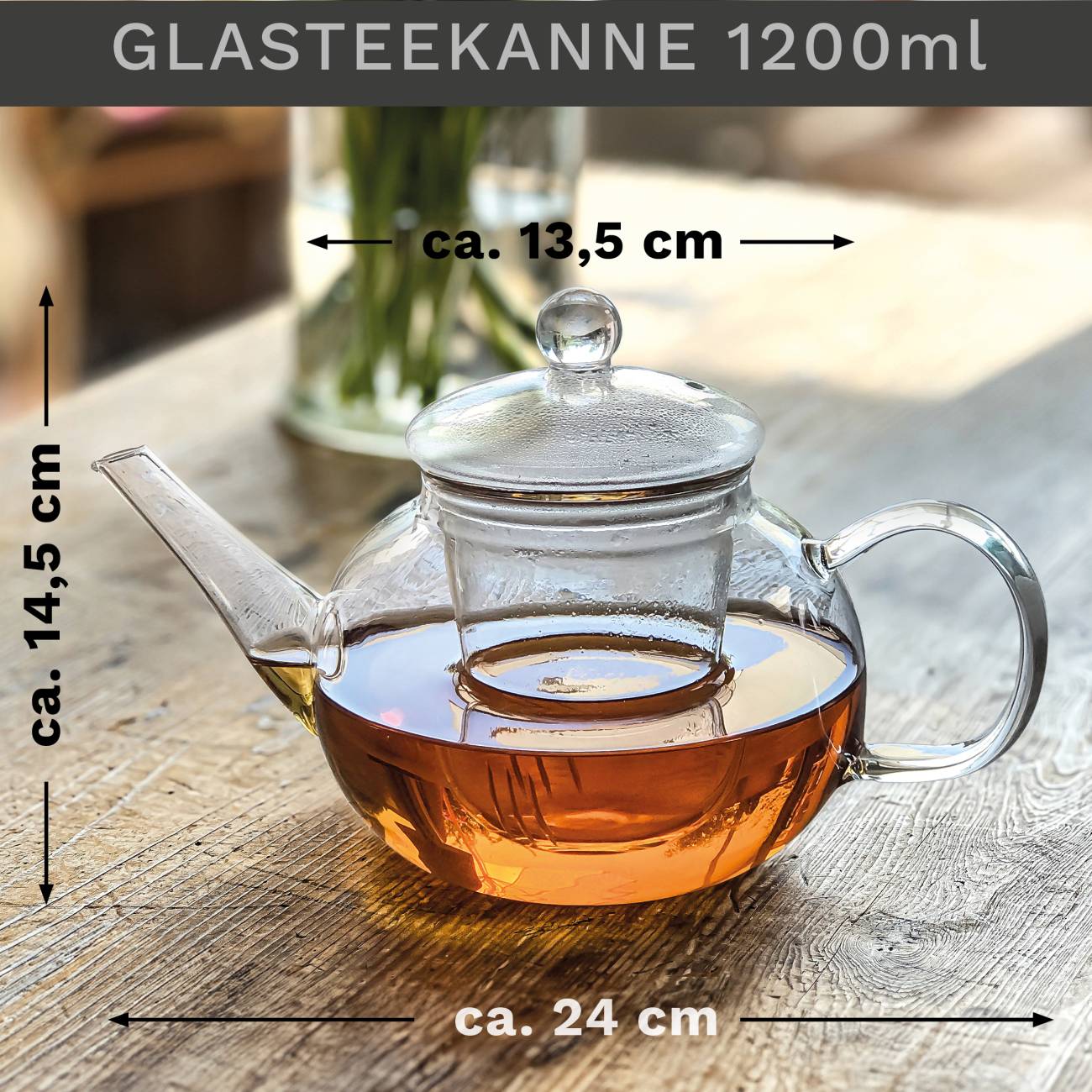 Creano Teekanne aus Glas 1,2l mit Glassieb und silver Stövchen "Leaf" - Creano