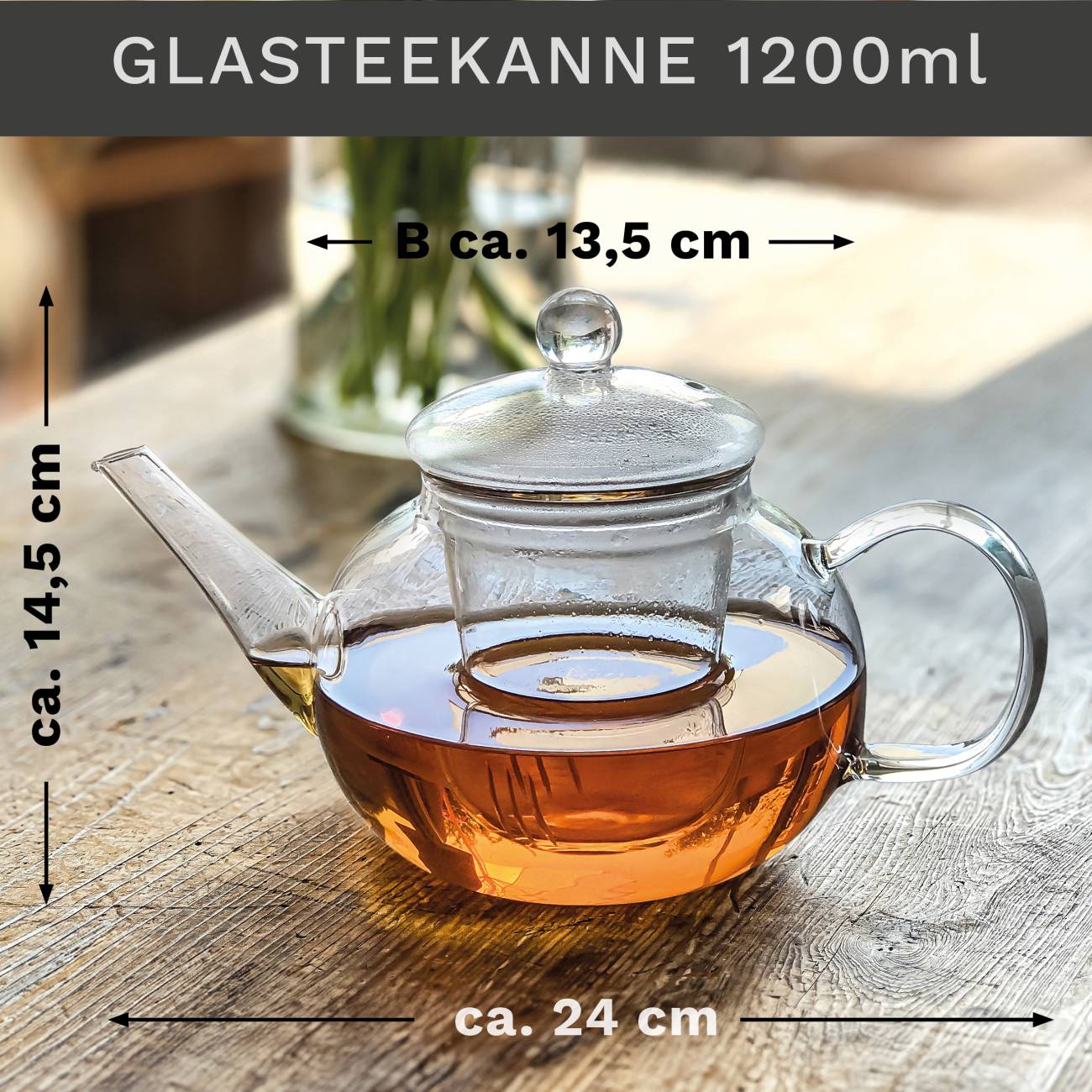 Creano Teekanne aus Glas 1,2l mit Glassieb und schwarzem Stövchen "Leaf" - Creano