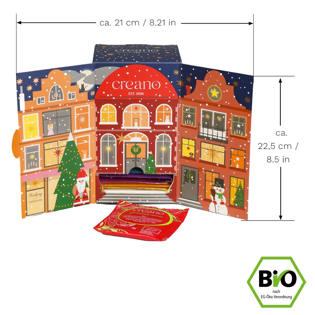 Creano Bio Tee Adventskalender "Weihnachtshaus" - 24 verschiedene BIO Tees - Kräutertee, Früchtetee, Grüner Tee, Weißer Tee, Schwarzer Tee, Chai *¹