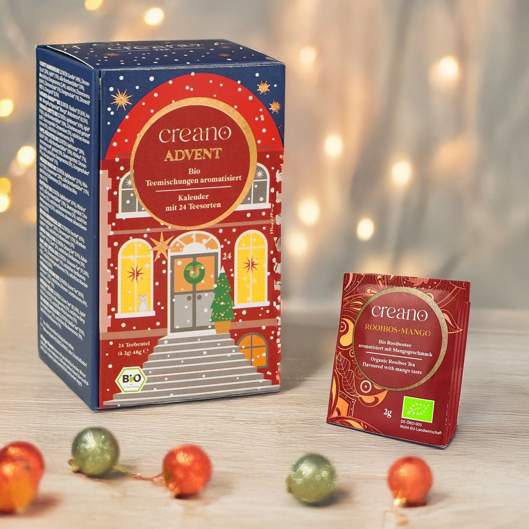 Creano Bio Tee Adventskalender "Weihnachtshaus" - 24 verschiedene BIO Tees - Kräutertee, Früchtetee, Grüner Tee, Weißer Tee, Schwarzer Tee, Chai *¹ - Creano