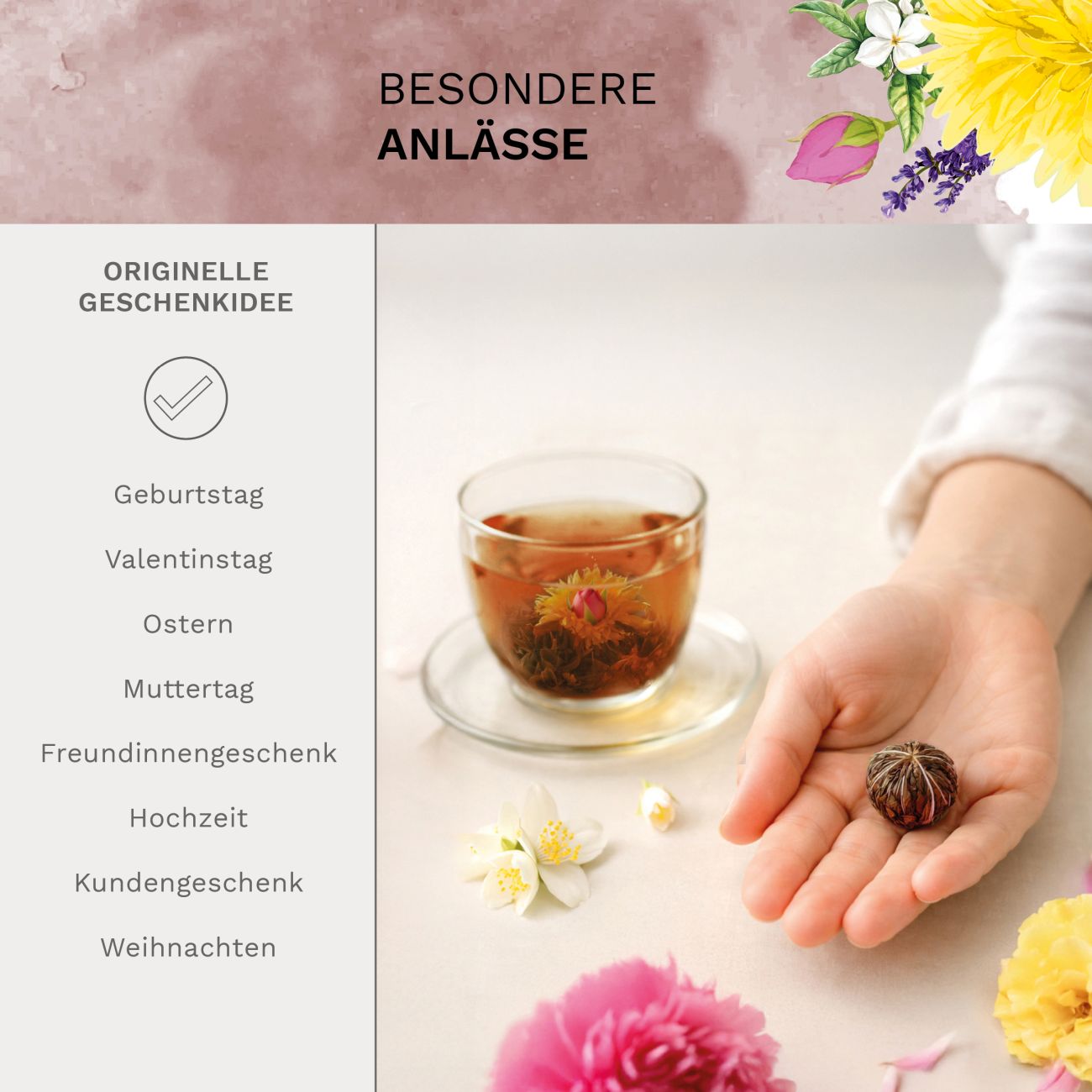 Neues Design: Schwarztee-Geschenkset mit Glaskanne und Blüten - Creano