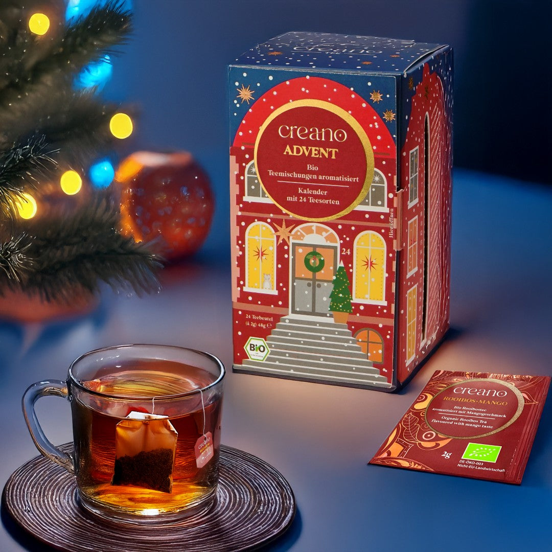 Creano Bio Tee Adventskalender "Weihnachtshaus" - 24 verschiedene BIO Tees - Kräutertee, Früchtetee, Grüner Tee, Weißer Tee, Schwarzer Tee, Chai *¹