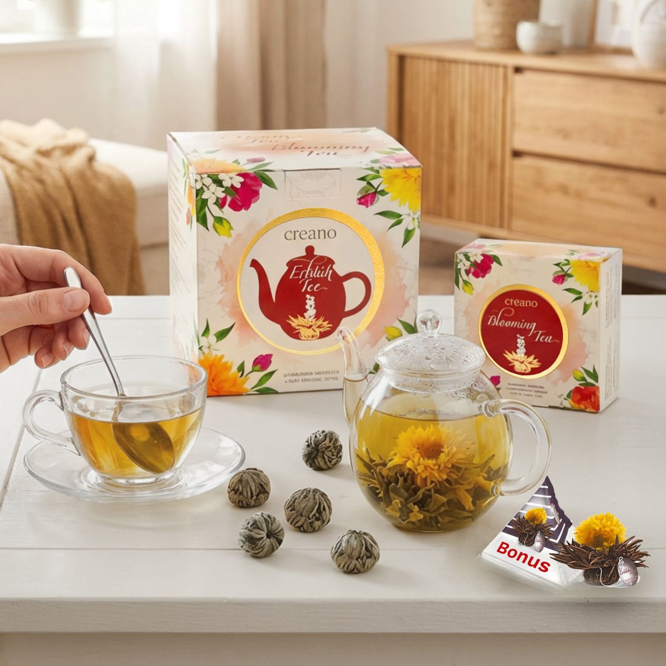 Neues Design: Teeblumen-Set Glaskanne & Weißer Tee - Creano
