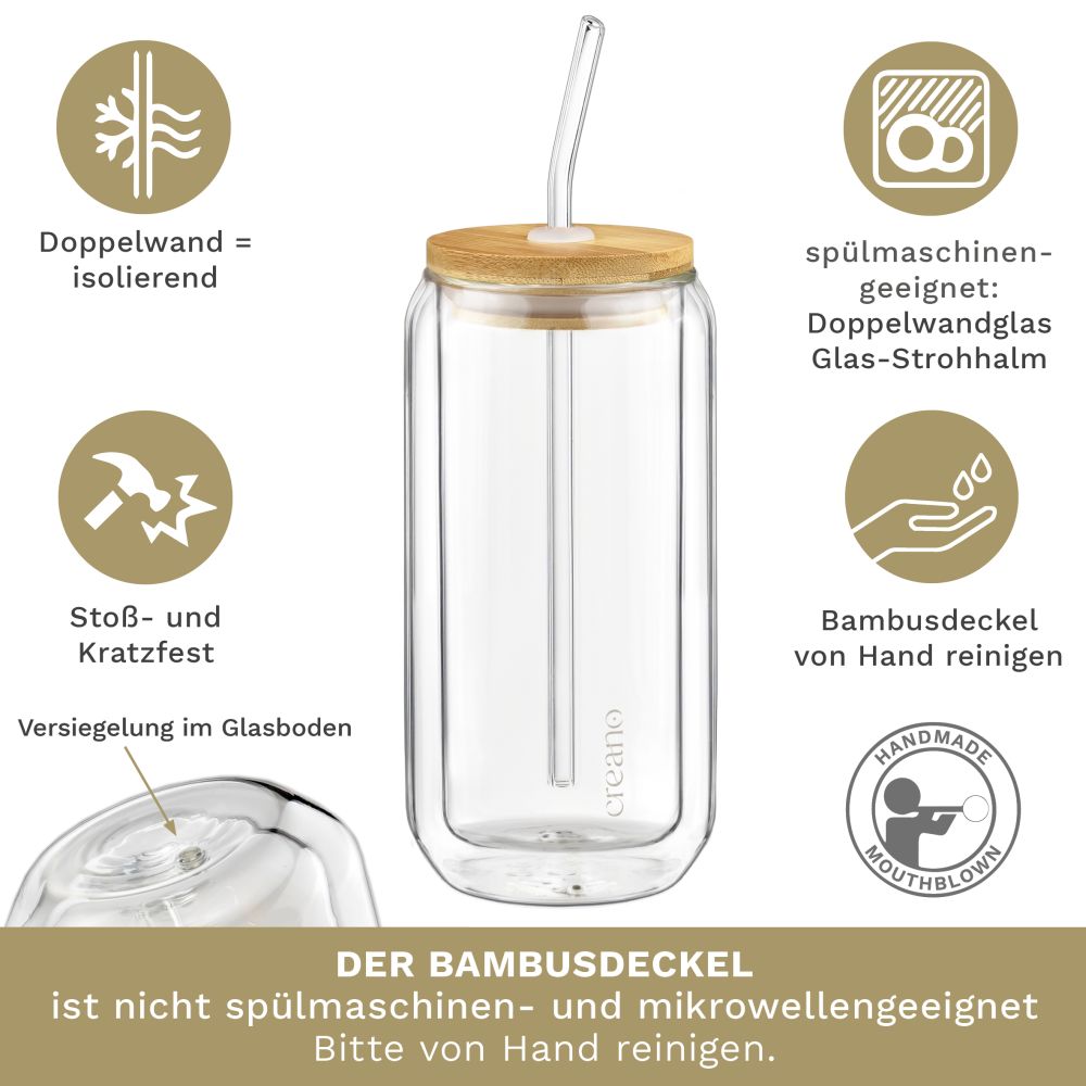 Creano doppelwandiges Trinkglas mit Bambusdeckel & Strohhalm 360ml - Smoothie Becher - Bubble Tea - Cocktailglas - Creano