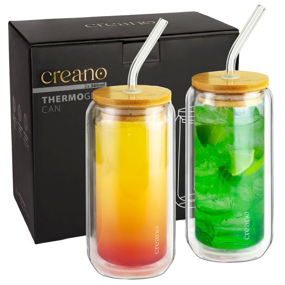 Creano doppelwandiges Trinkglas mit Bambusdeckel & Strohhalm 360ml - Smoothie Becher - Bubble Tea - Cocktailglas