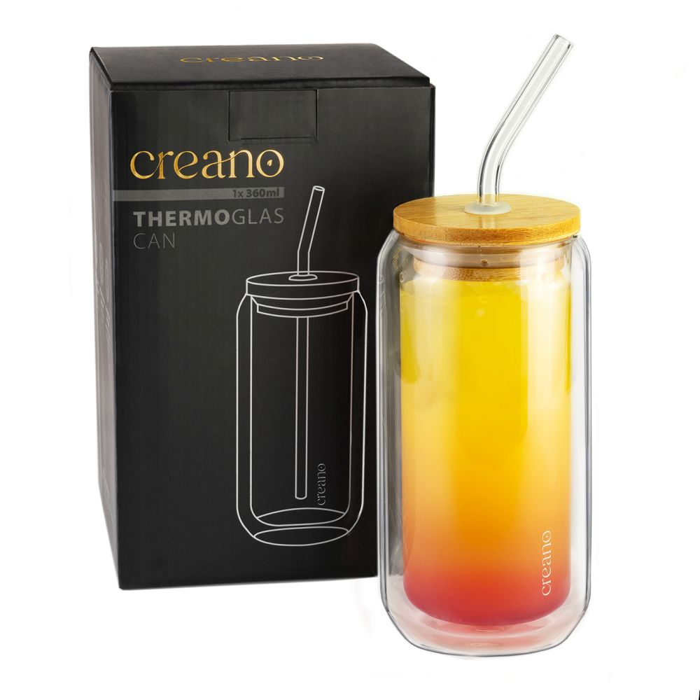 Creano Thermo-Trinkglas 360ml mit Bambusdeckel & Strohhalm