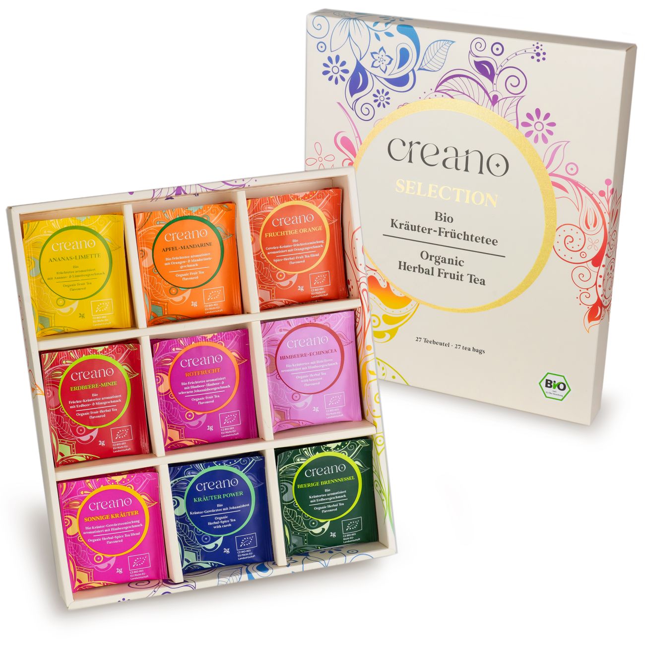 Bio Früchte- Kräutertee 27er Geschenkset „ORGANIC HERBAL TEA“ - 27 Bio-Teebeutel in 9 unterschiedlichen Sorten - 54g*²