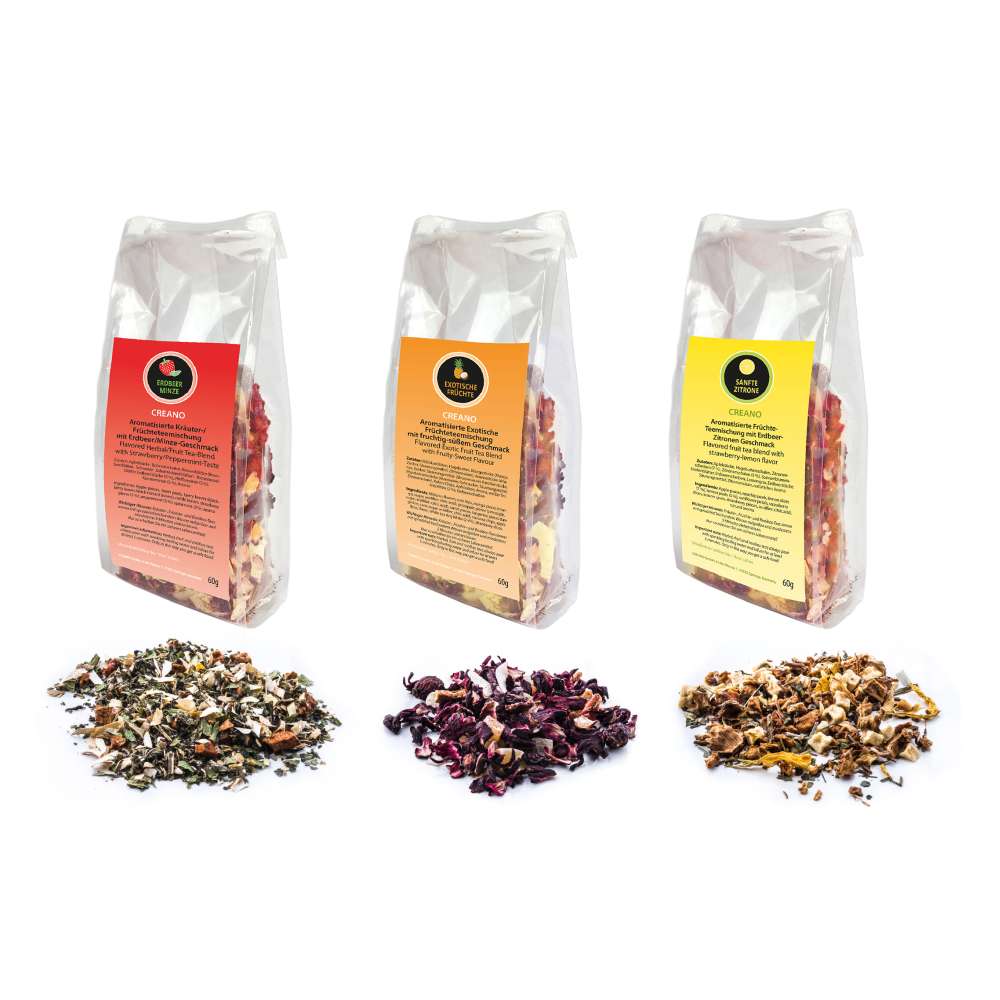 Teekanne hoch 1,5l und Teemischungen (Erbeer-Minze, Exotische Früchte, Sanfte Limette)