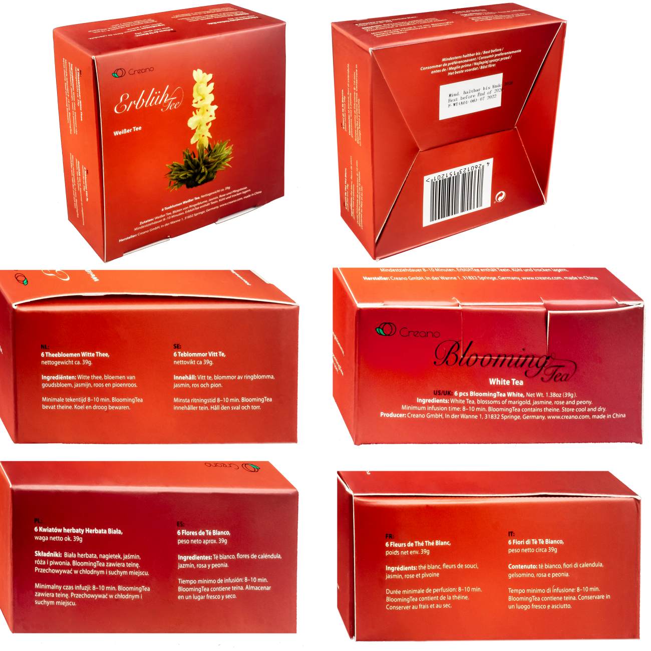 Creano Teeblumen Mix – „ErblühTee“ in edler Geschenkbox zum Probieren | Weißtee (6 verschiedene Sorten Teerosen) Geschenk für Frauen, Mutter, Teeliebhaber