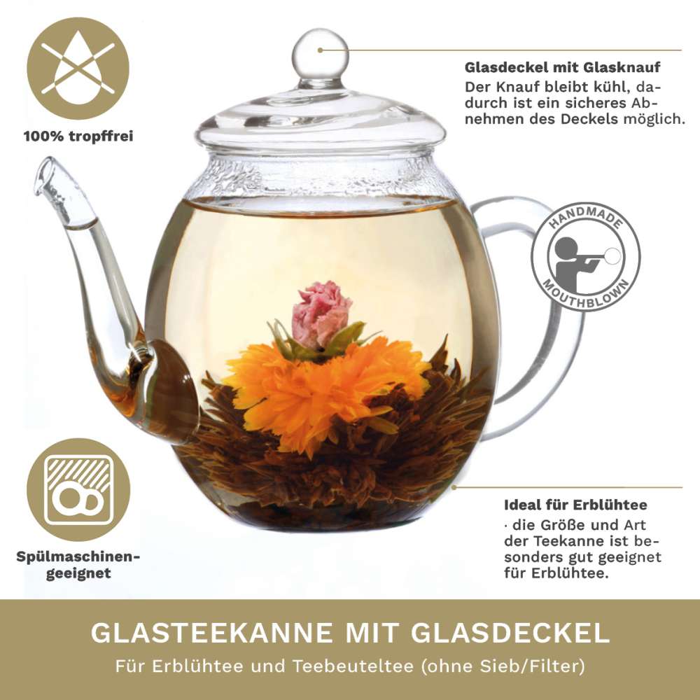 Creano Teekanne aus Glas mit Deckel für 500ml Tee aus Teeblumen, Teerosen und losem Tee sowie Teebeuteln | hochwertig, hitzebeständig