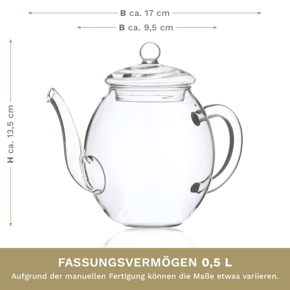 Creano Teekanne aus Glas mit Deckel für 500ml Tee aus Teeblumen, Teerosen und losem Tee sowie Teebeuteln | hochwertig, hitzebeständig