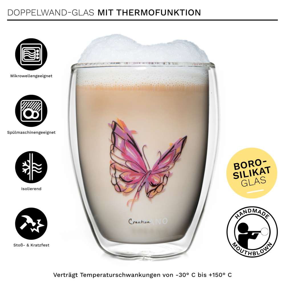 Creano doppelwandiges Tee-Glas, Latte Macchiato, Thermobecher Schmetterling | 250ml in exklusiver Geschenkbox (Rot)