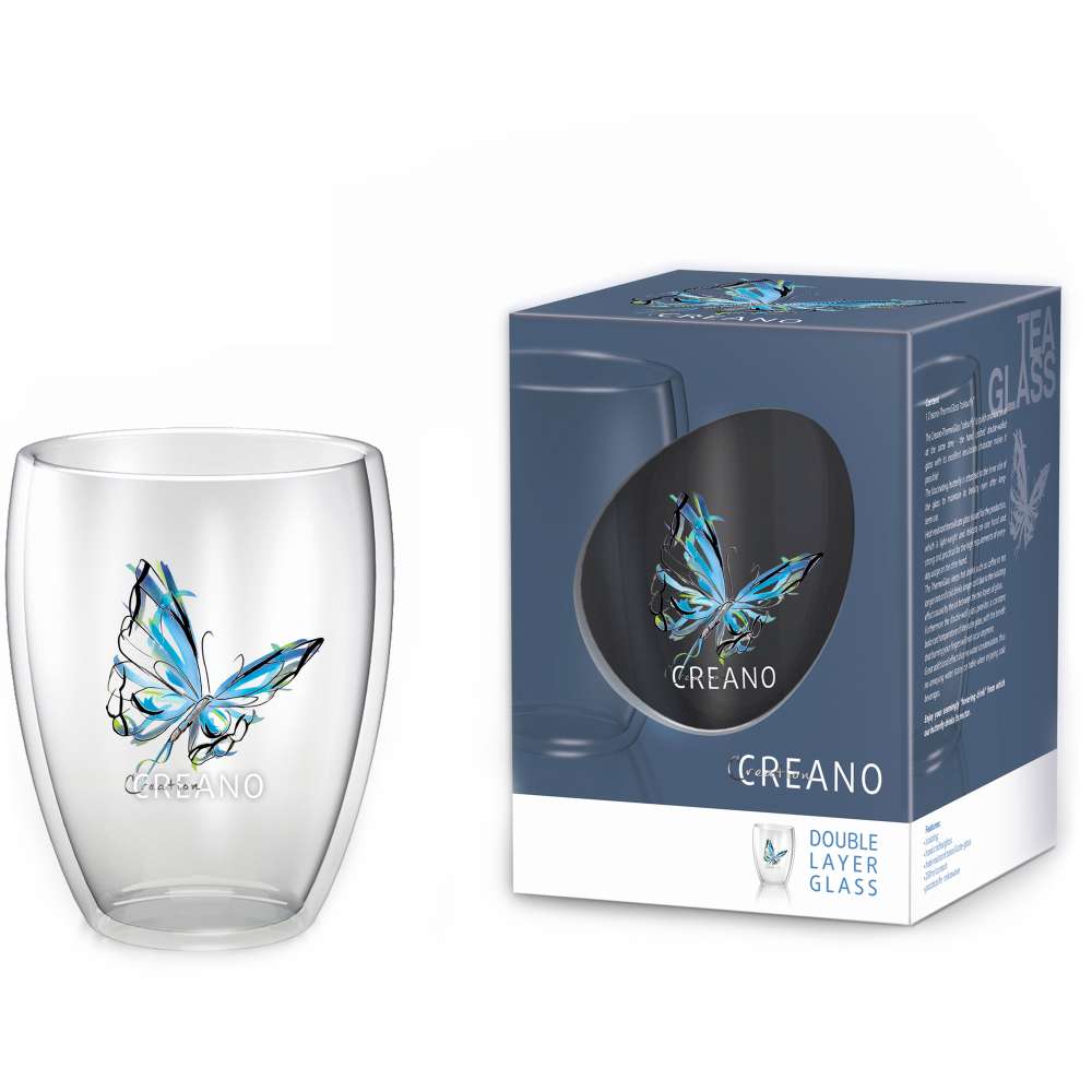 Creano doppelwandiges Tee-Glas, Latte Macchiato, Thermobecher Schmetterling | 250ml in exklusiver Geschenkbox (Blau)